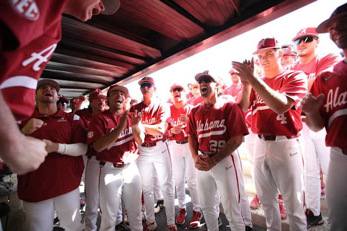 The University of Alabama Baseball Team celebrates a win against Auburn at Sewell-Thomas Stadium in Tuscaloosa, Alabama on Sunday, Apr 16, 2023.